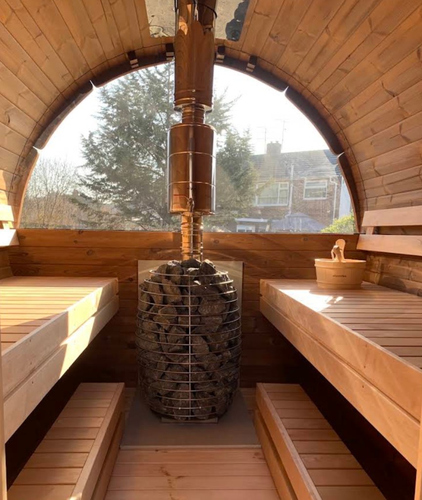 Inside the wood-fired barrel sauna